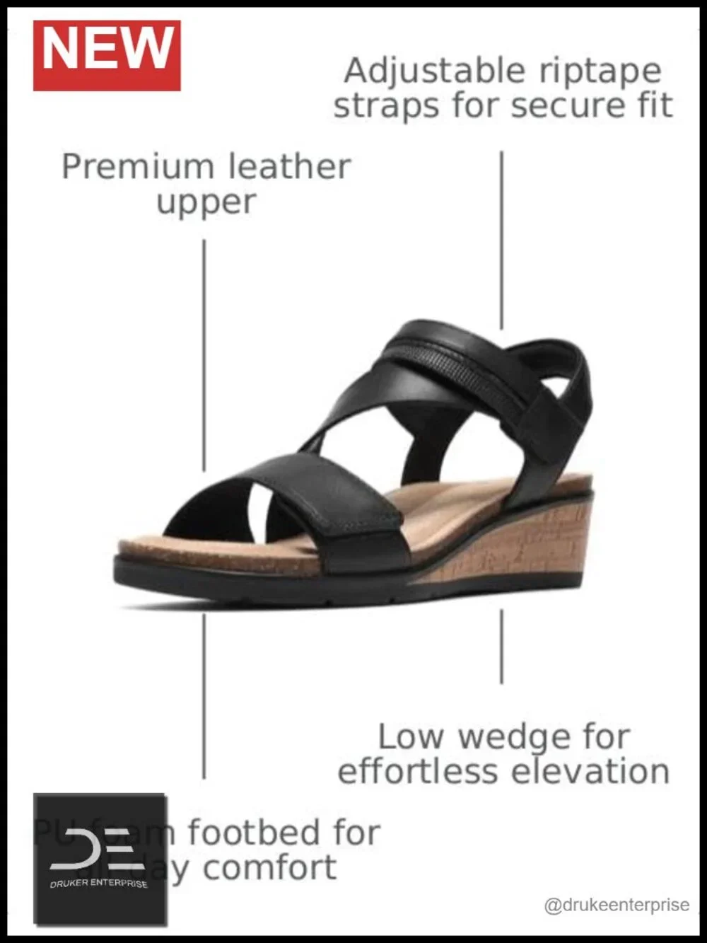 Clarks Women's Kacha Wave Low Wedge Sandals Adjustable Strap Leather